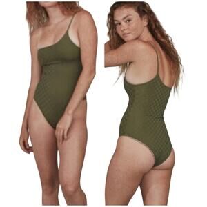 Acacia NWT Avalon Check Peyote Green Swimsuit Size S One Shoulder Cheeky Bottom